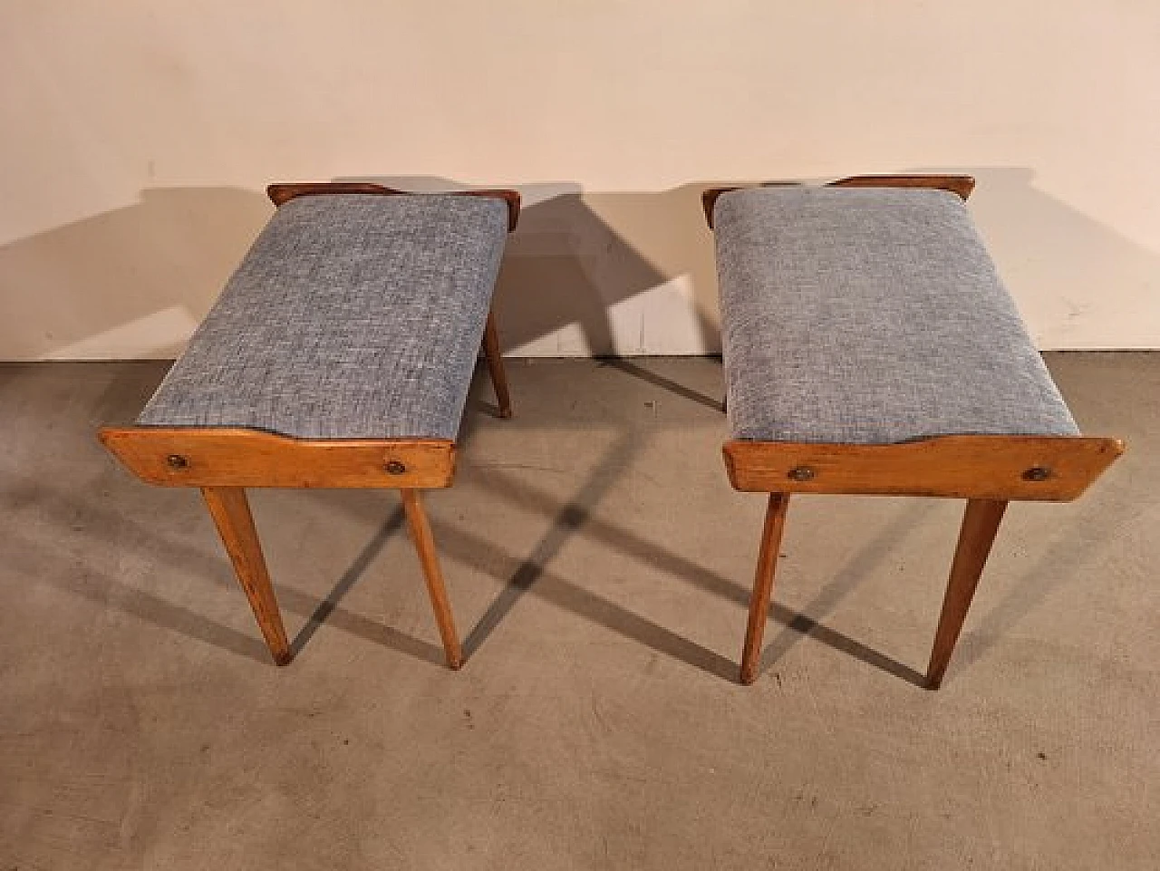 Pair of poufs in wood with light blue fabric seat, 1950s 1