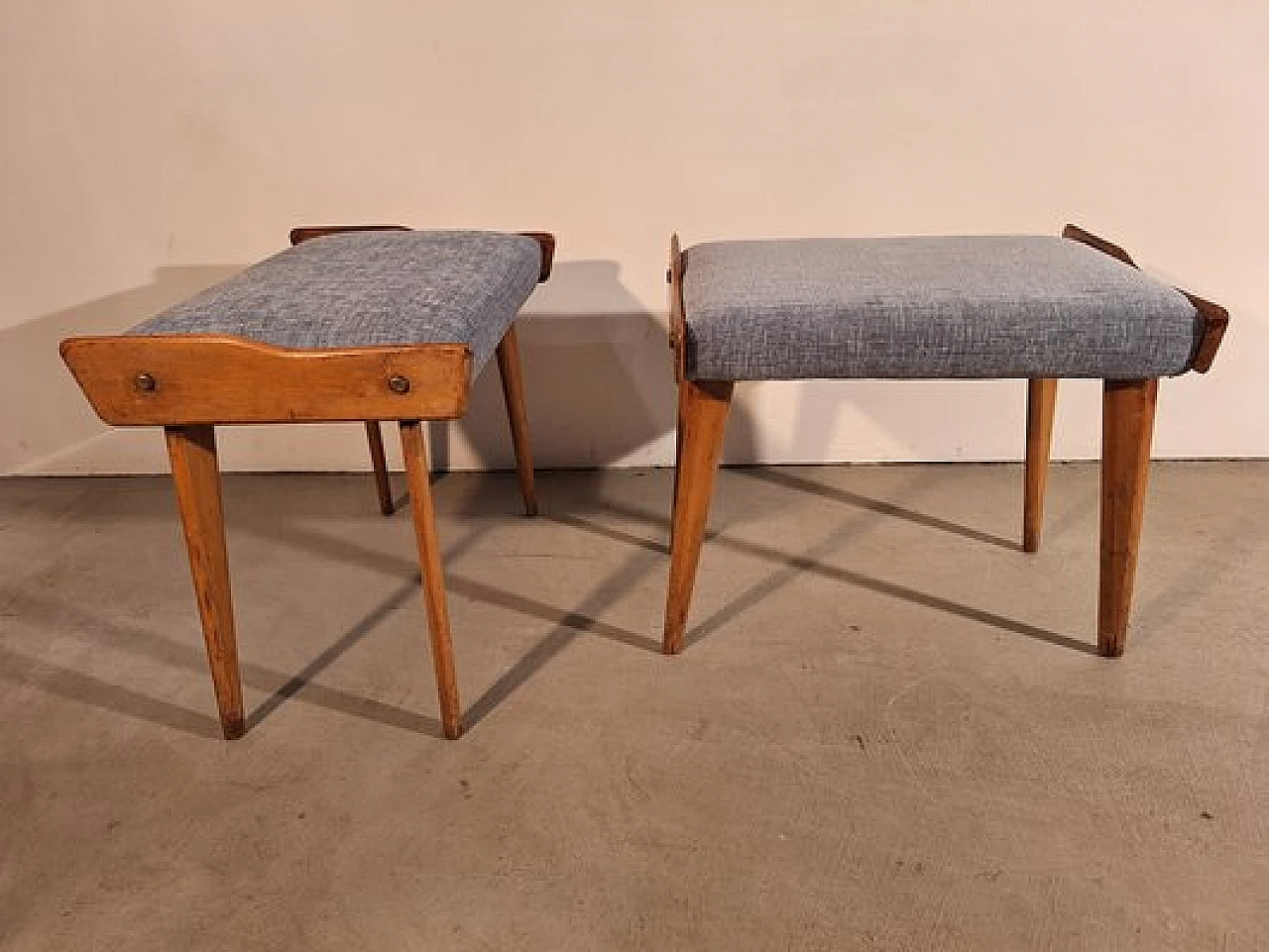 Pair of poufs in wood with light blue fabric seat, 1950s 2