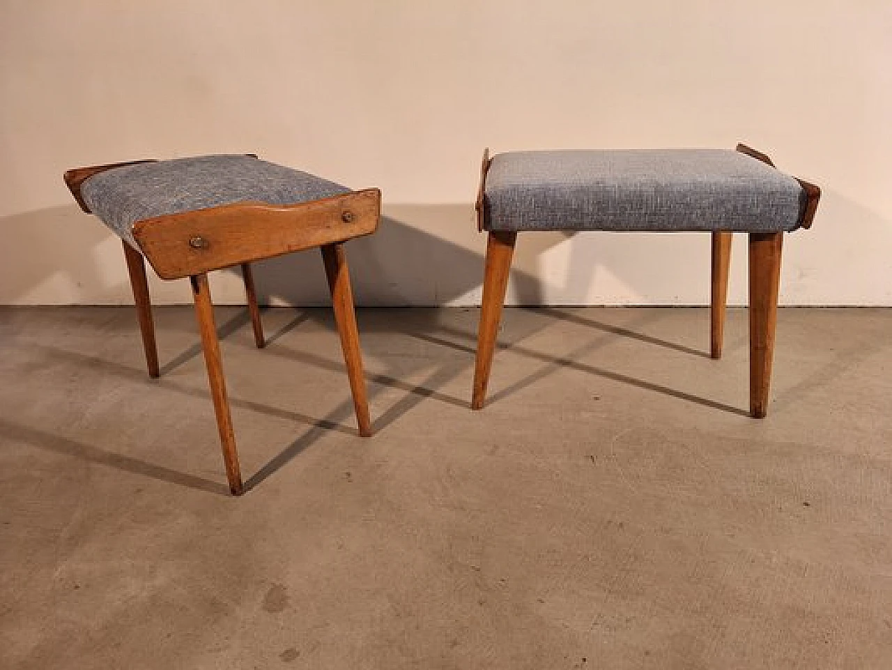 Pair of poufs in wood with light blue fabric seat, 1950s 3