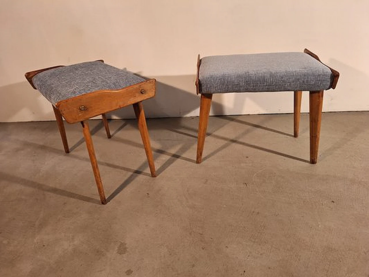 Pair of poufs in wood with light blue fabric seat, 1950s 4