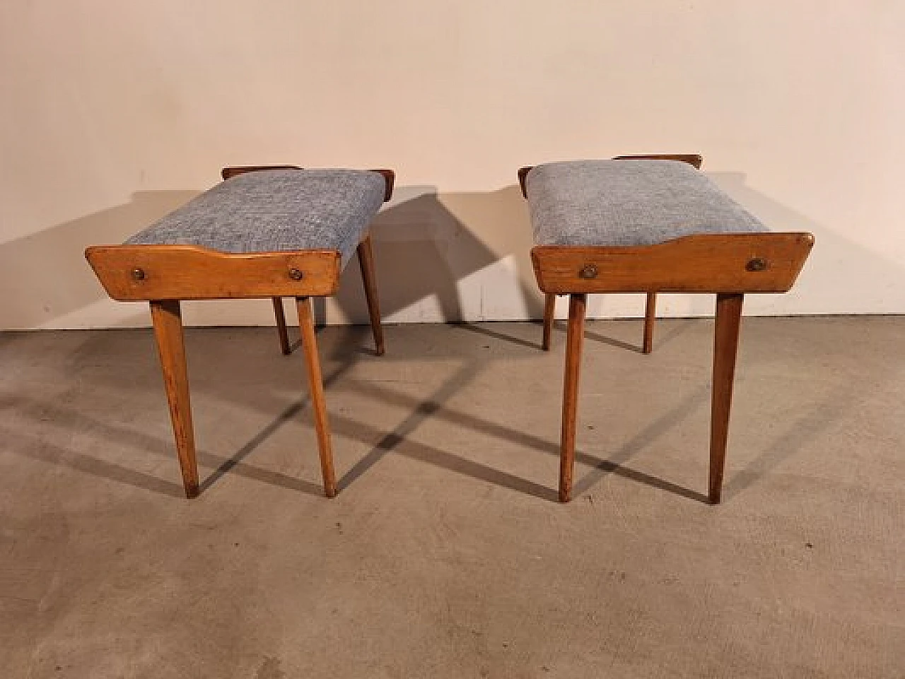 Pair of poufs in wood with light blue fabric seat, 1950s 5