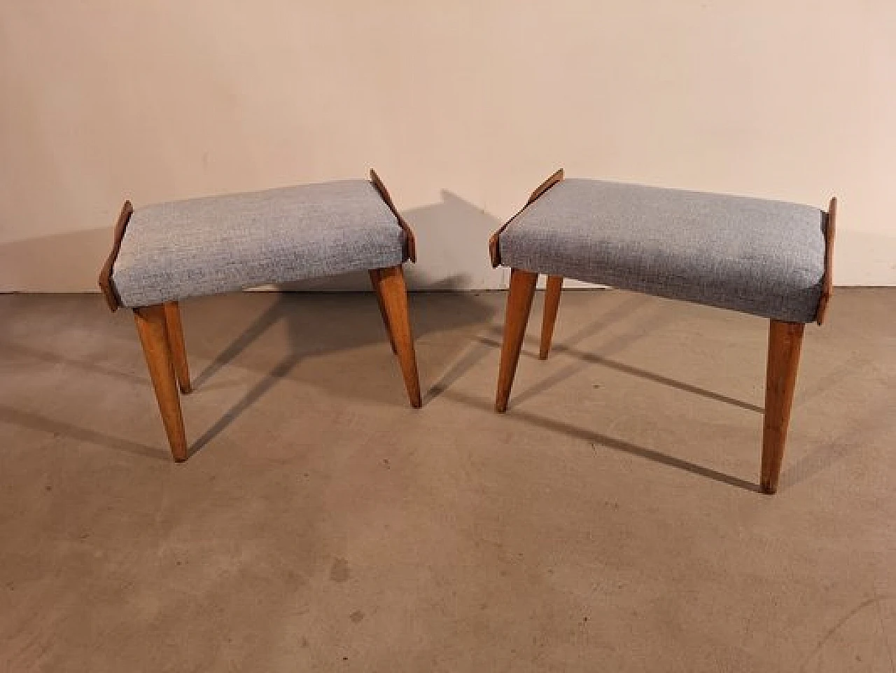 Pair of poufs in wood with light blue fabric seat, 1950s 8