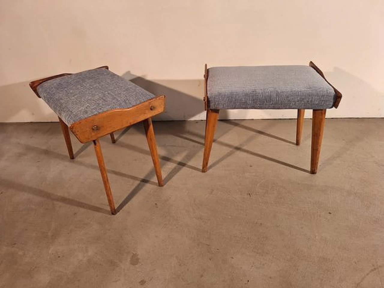 Pair of poufs in wood with light blue fabric seat, 1950s 9
