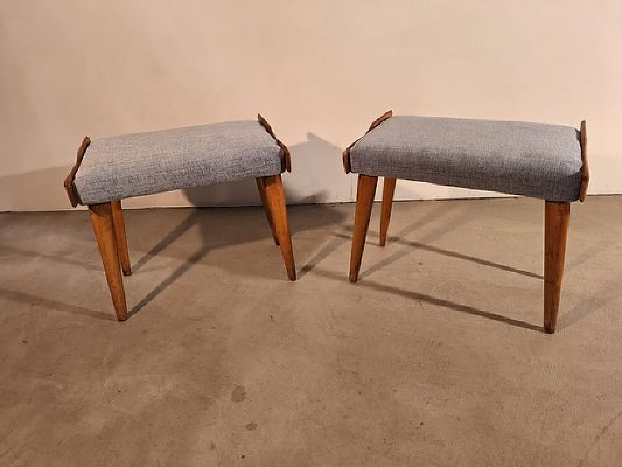 Pair of poufs in wood with light blue fabric seat, 1950s 11