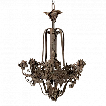 Wrought iron and sheet metal 6-light chandelier, 19th century