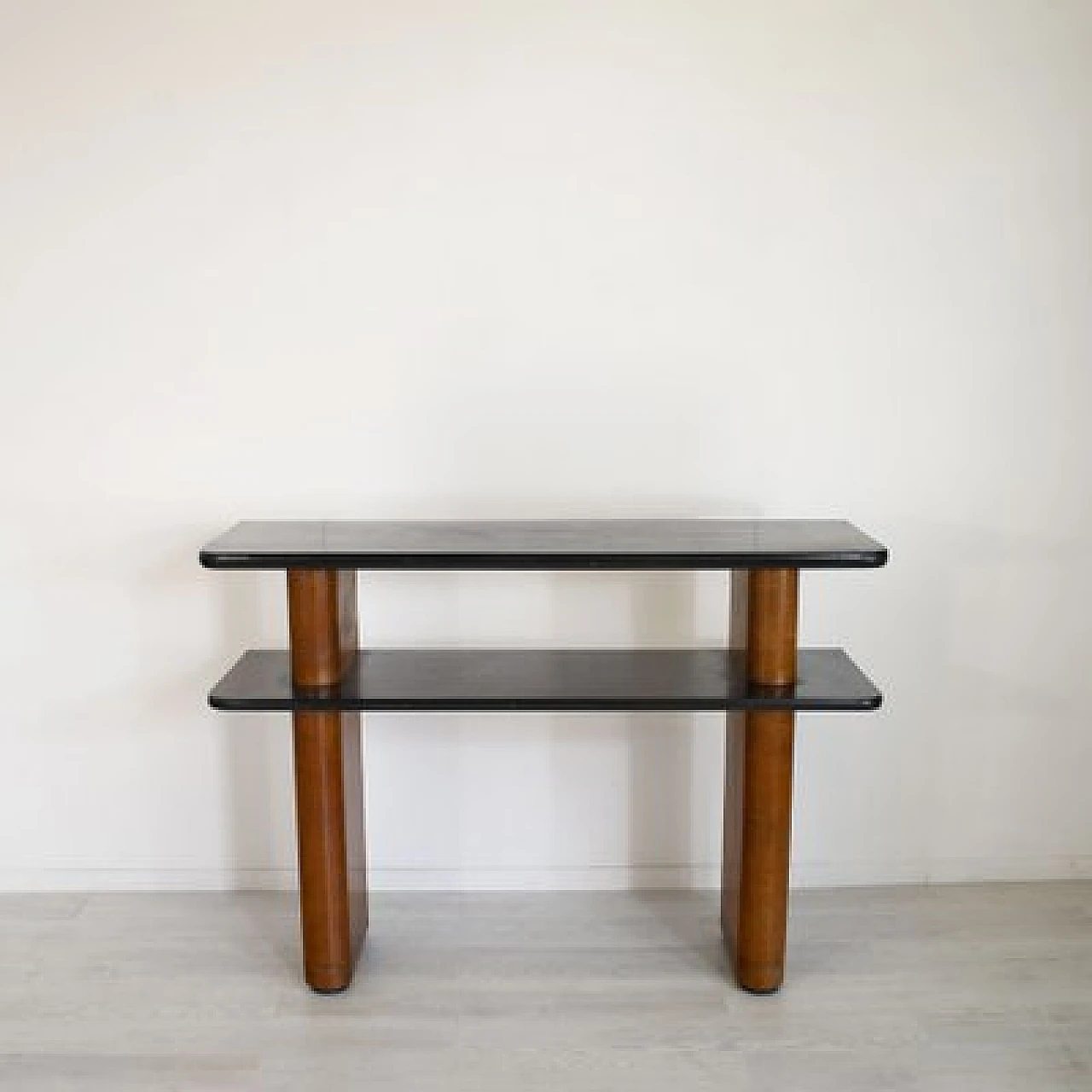 Consolle Art Déco in noce con doppio ripiano laccato nero, anni '40 2