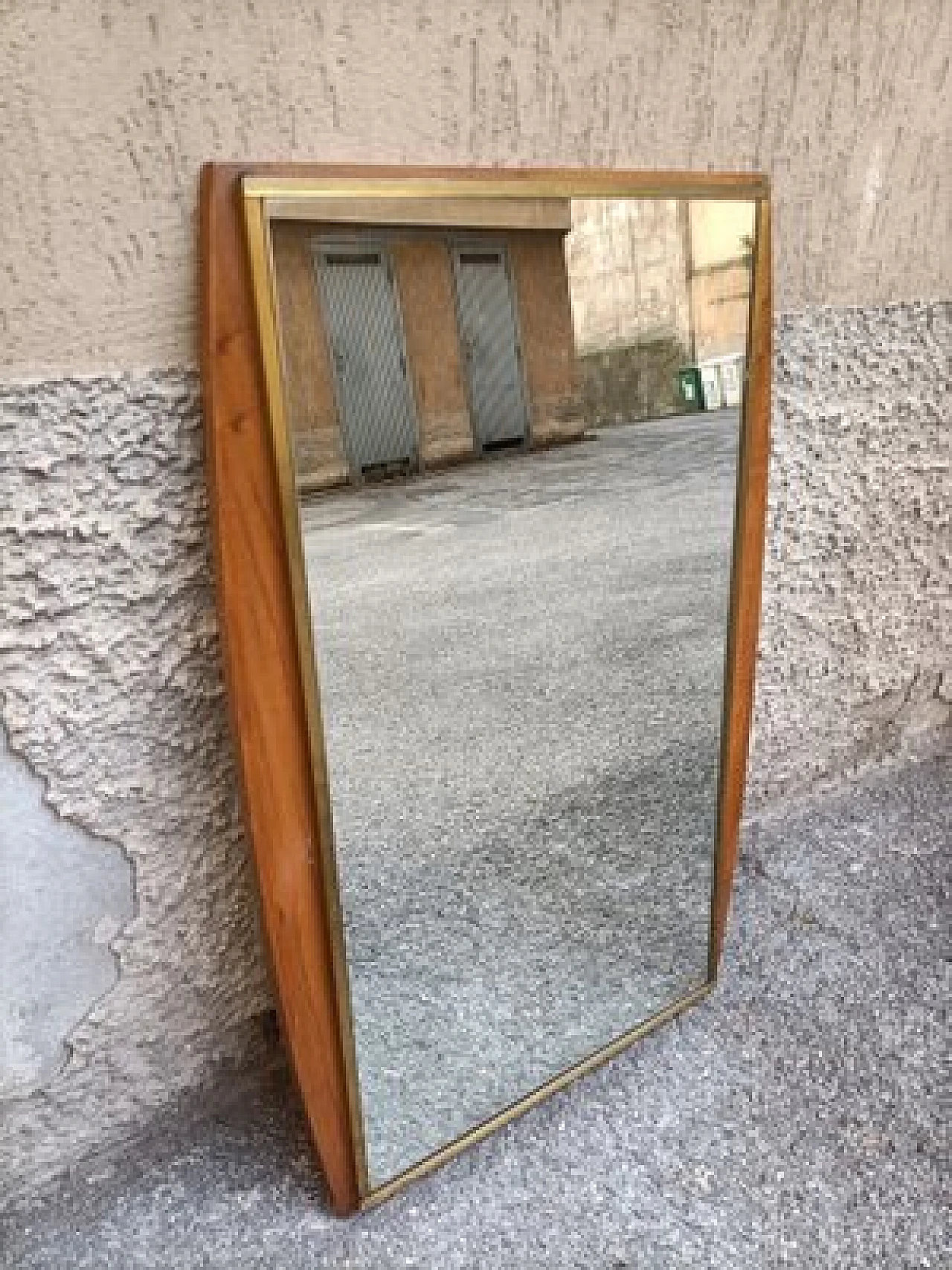 Mirror with rectangular wood & brass frame, 1960s 1