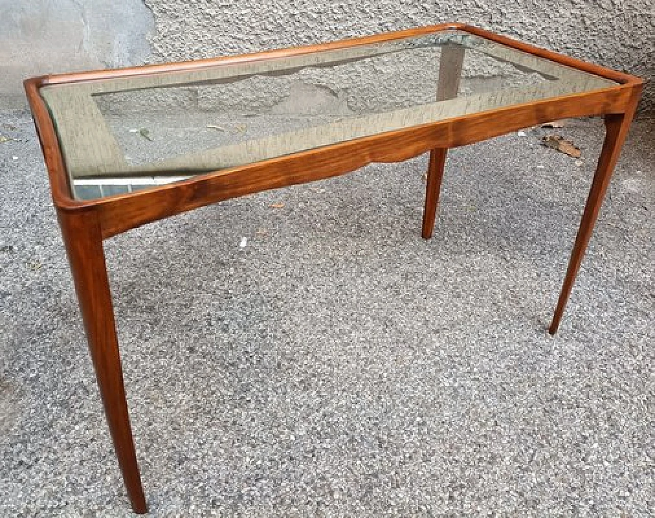 Rectangular side table with wood structure & glass top, 1950s 1