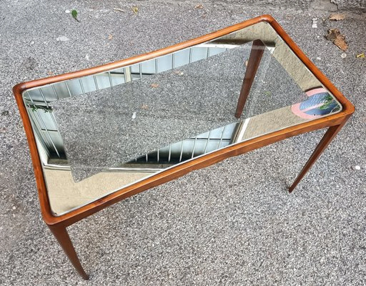 Rectangular side table with wood structure & glass top, 1950s 2