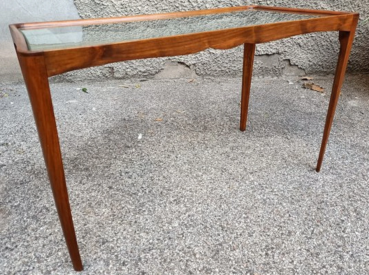 Rectangular side table with wood structure & glass top, 1950s 3