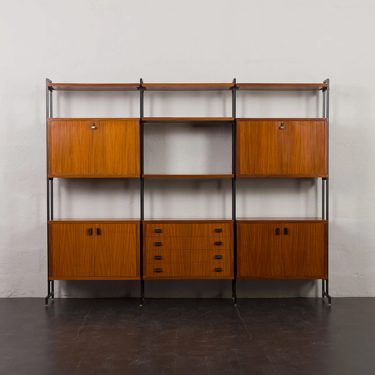 Teak veneered wood and metal bookcase, 1970s 1
