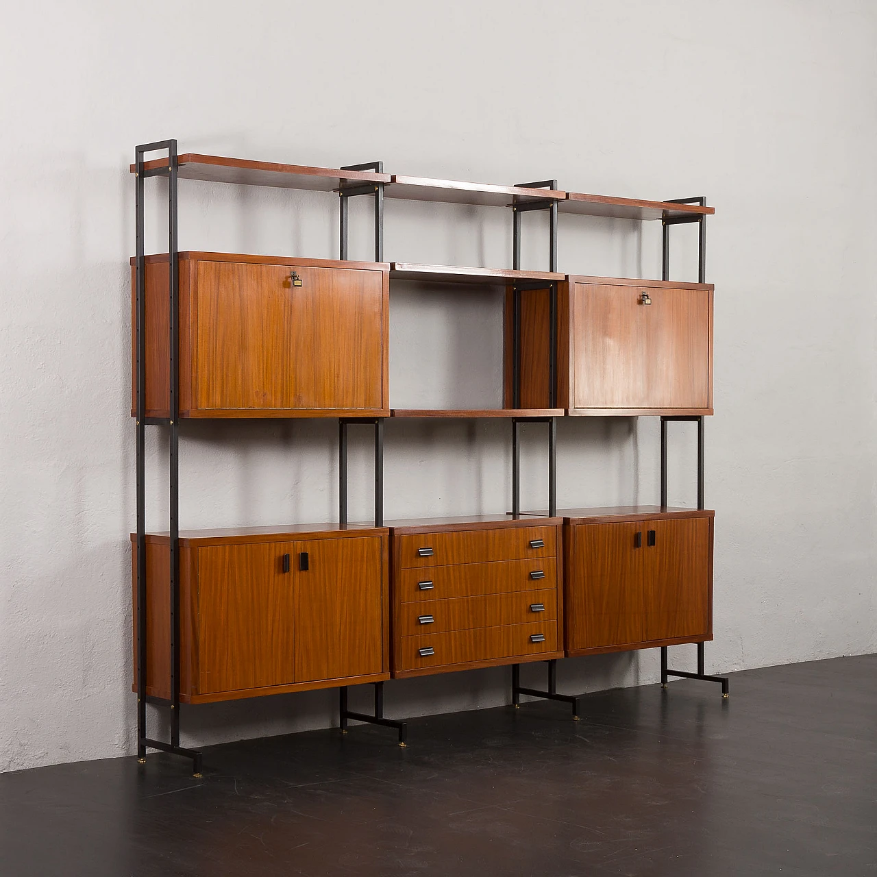 Teak veneered wood and metal bookcase, 1970s 4