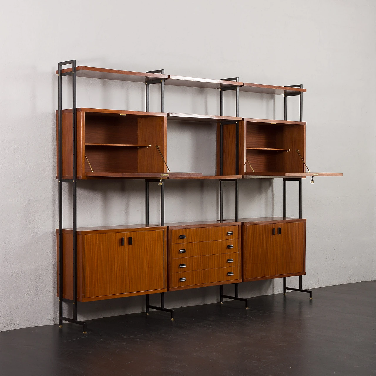 Teak veneered wood and metal bookcase, 1970s 5
