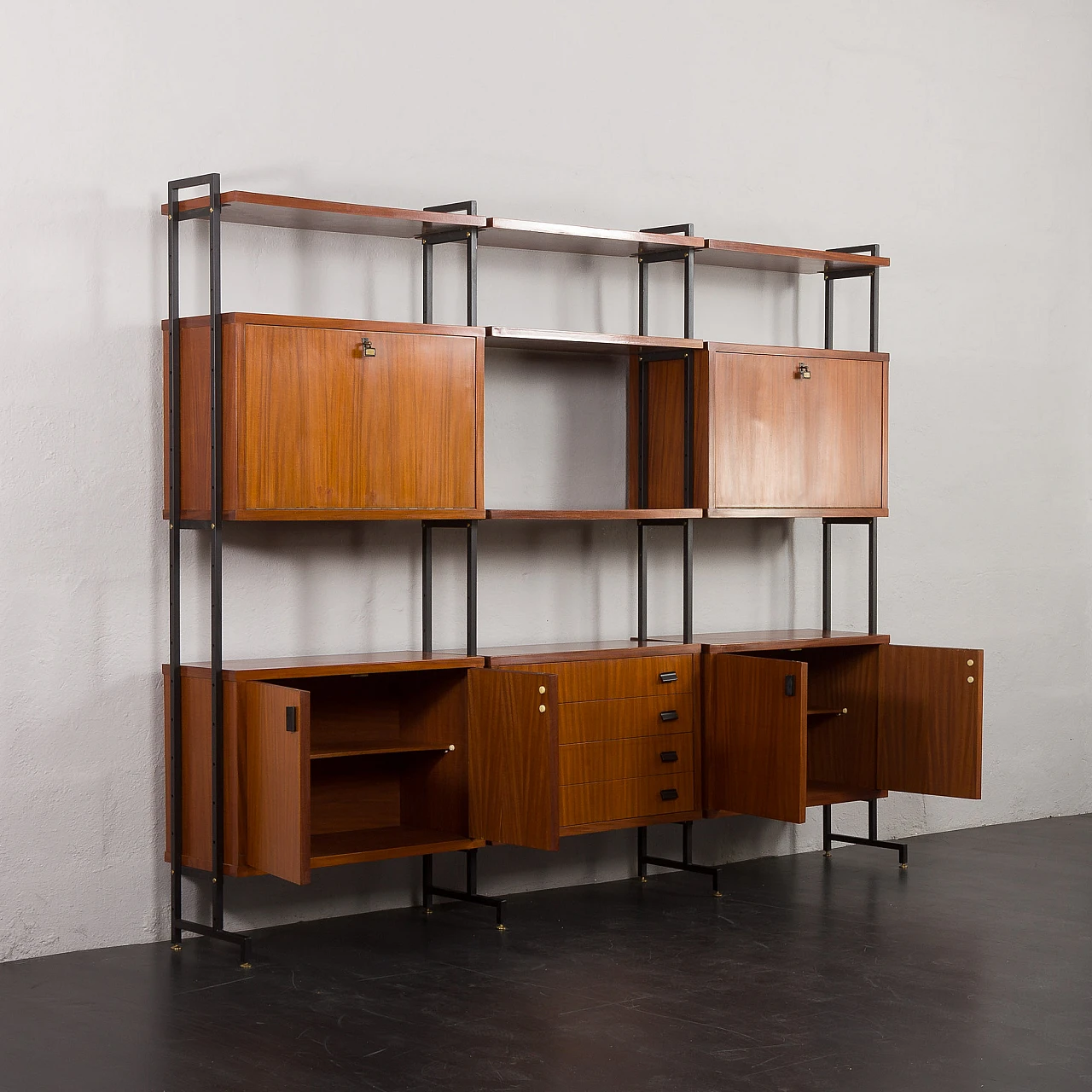 Teak veneered wood and metal bookcase, 1970s 6
