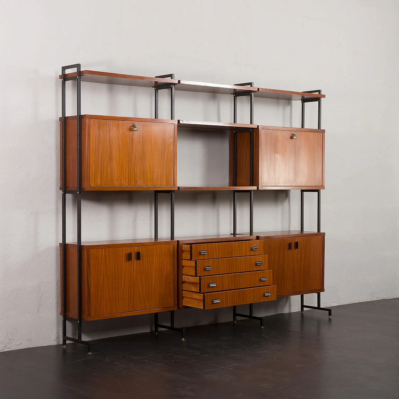 Teak veneered wood and metal bookcase, 1970s 7