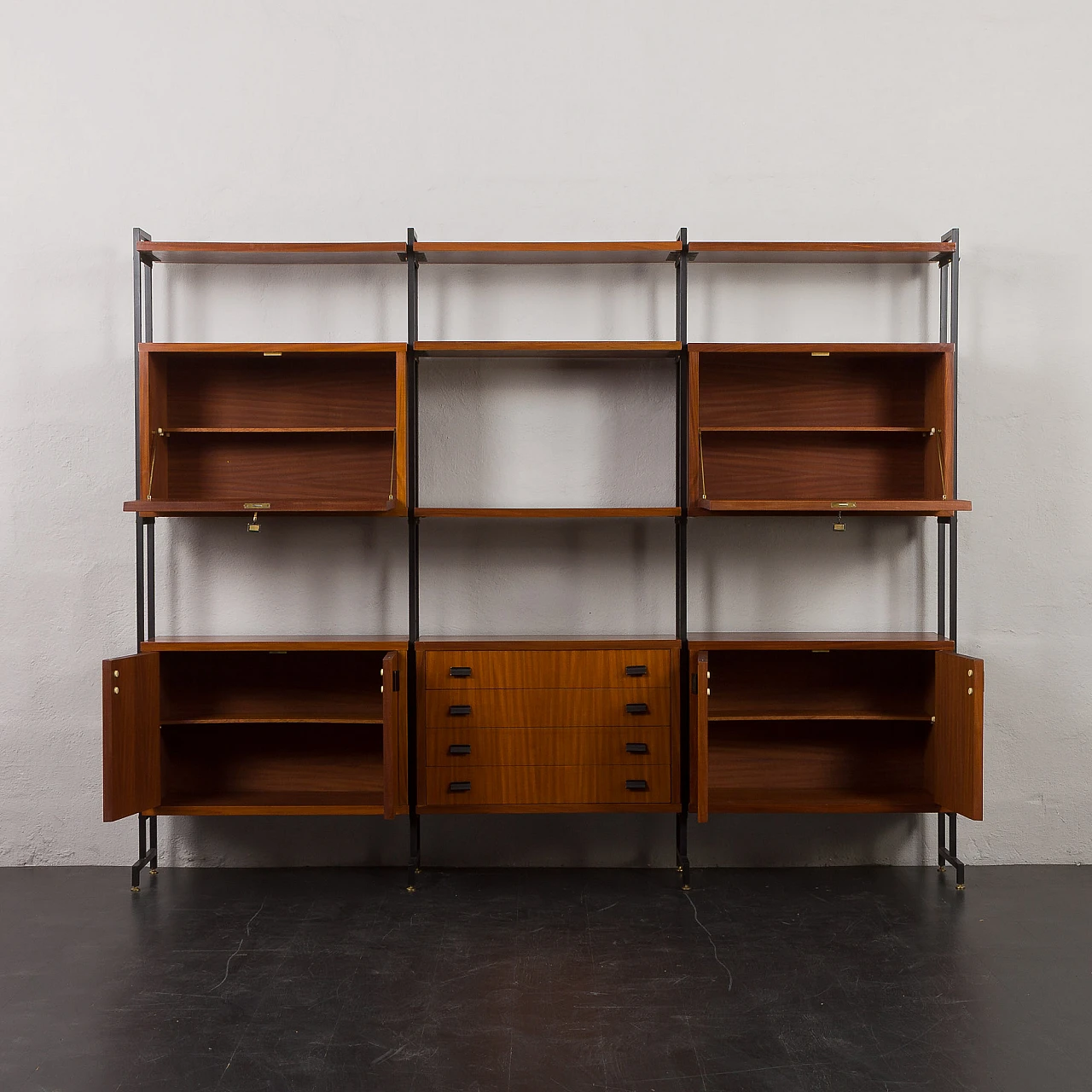 Teak veneered wood and metal bookcase, 1970s 8
