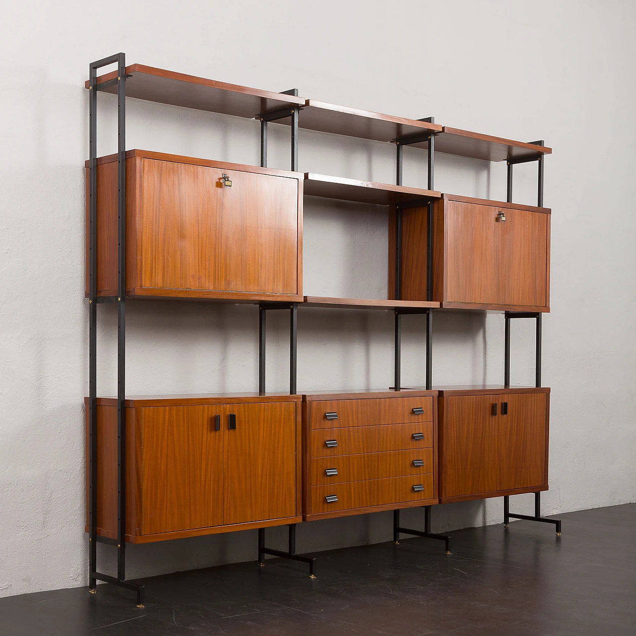 Teak veneered wood and metal bookcase, 1970s 9