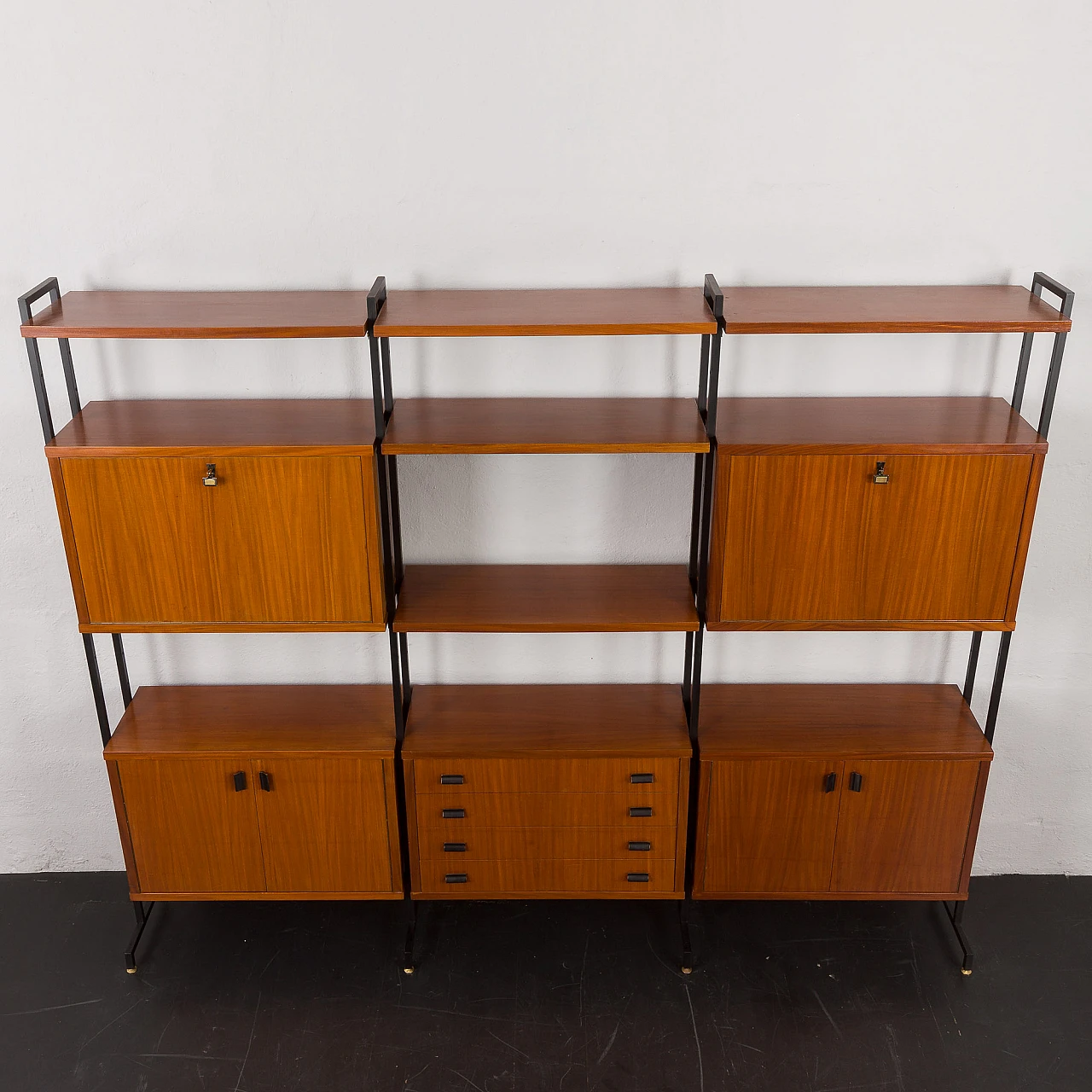 Teak veneered wood and metal bookcase, 1970s 16