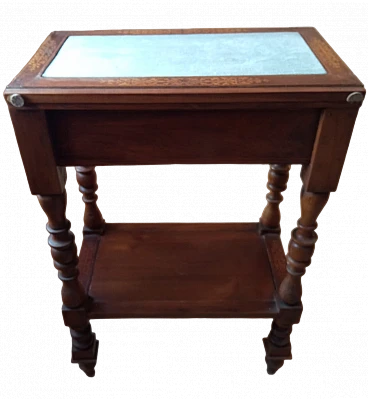 Inlaid cherry coffee table with turned legs & blue top, 19th century
