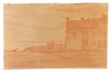 Pio Semeghini, Burano, red pencil drawing on paper, 1920
