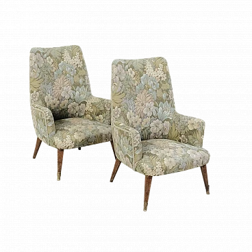 Pair of wood and floral fabric armchairs, 1950s