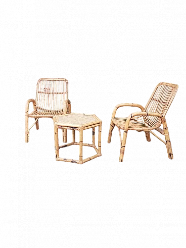 Coppia di sedie e tavolino in bambù, anni '70