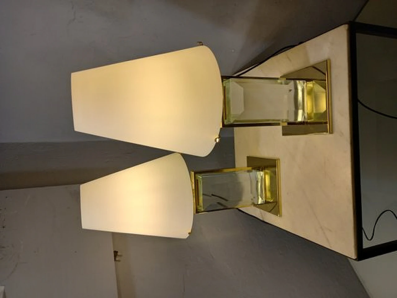 Coppia di Lampade da tavolo in vetro, tessuto ed ottone, anni 2000 3