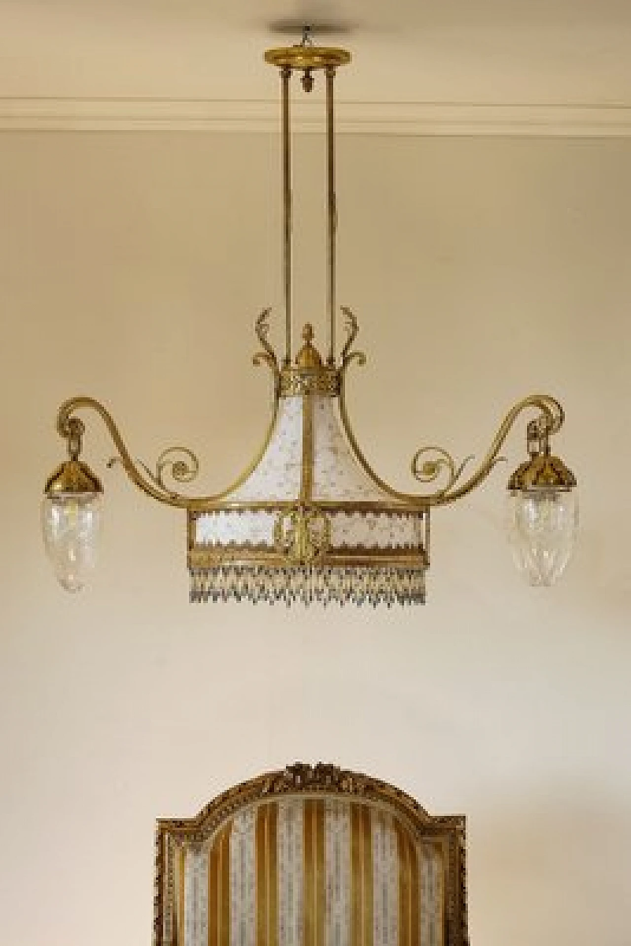 Lampadario a cinque luci Art Nouveau in ottone dorato, fine '800 1