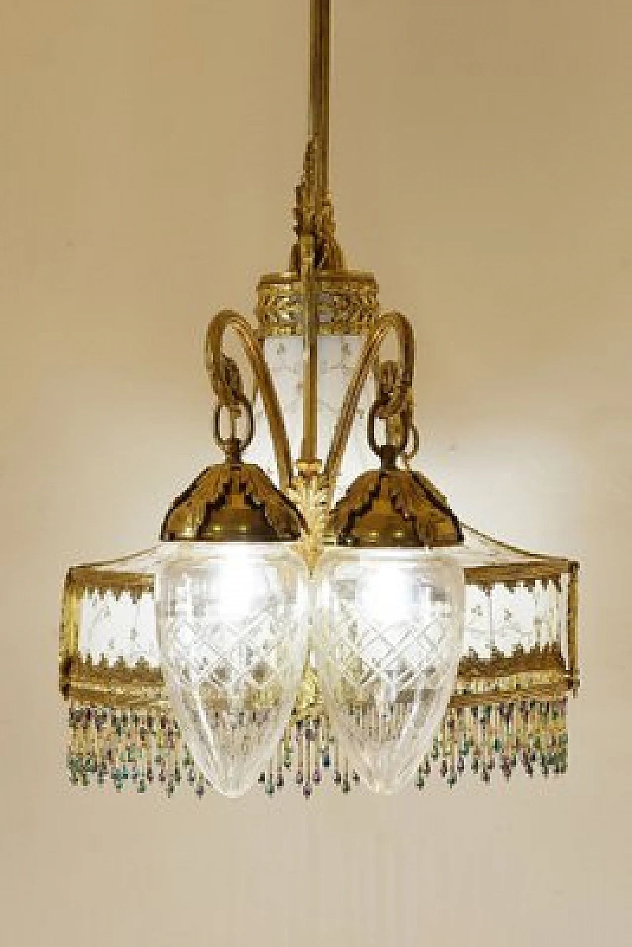 Lampadario a cinque luci Art Nouveau in ottone dorato, fine '800 2