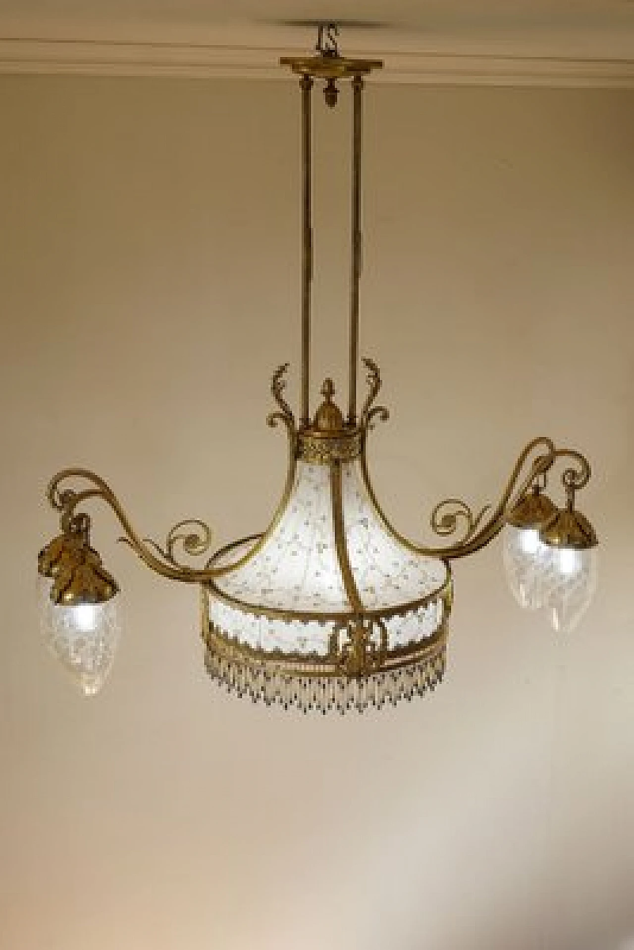 Lampadario a cinque luci Art Nouveau in ottone dorato, fine '800 4