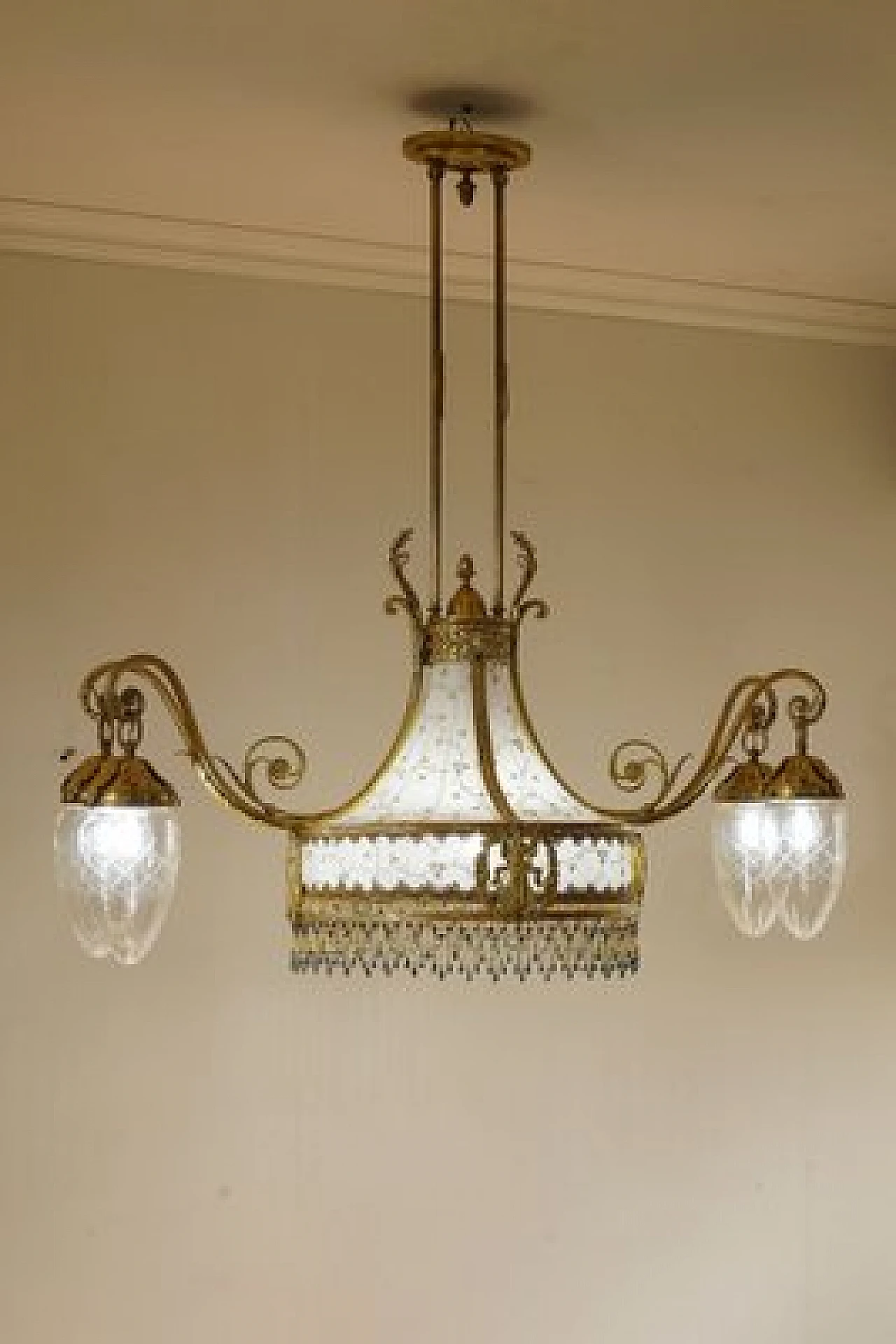 Lampadario a cinque luci Art Nouveau in ottone dorato, fine '800 10