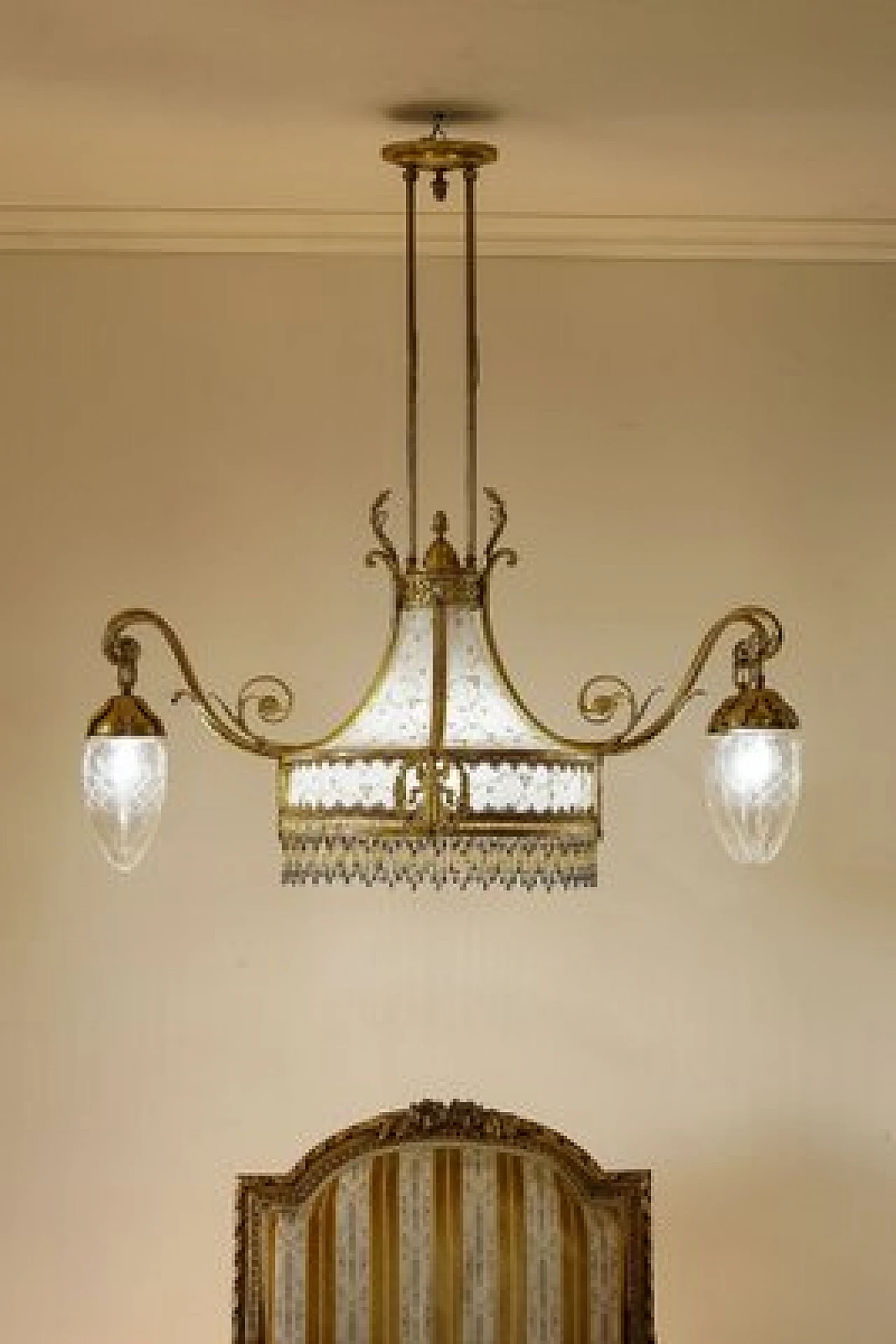 Lampadario a cinque luci Art Nouveau in ottone dorato, fine '800 11