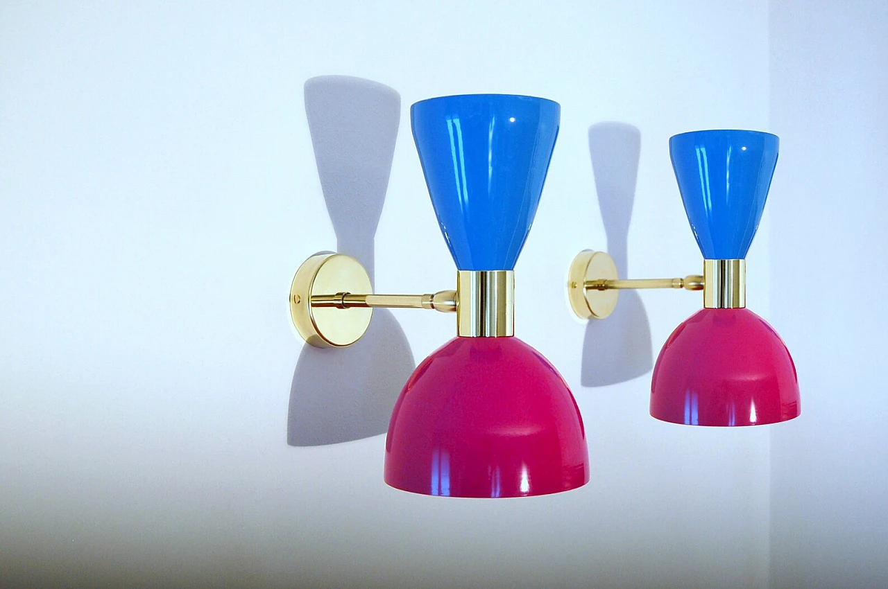 Wall light with violet and light blue double cone lampshade 1