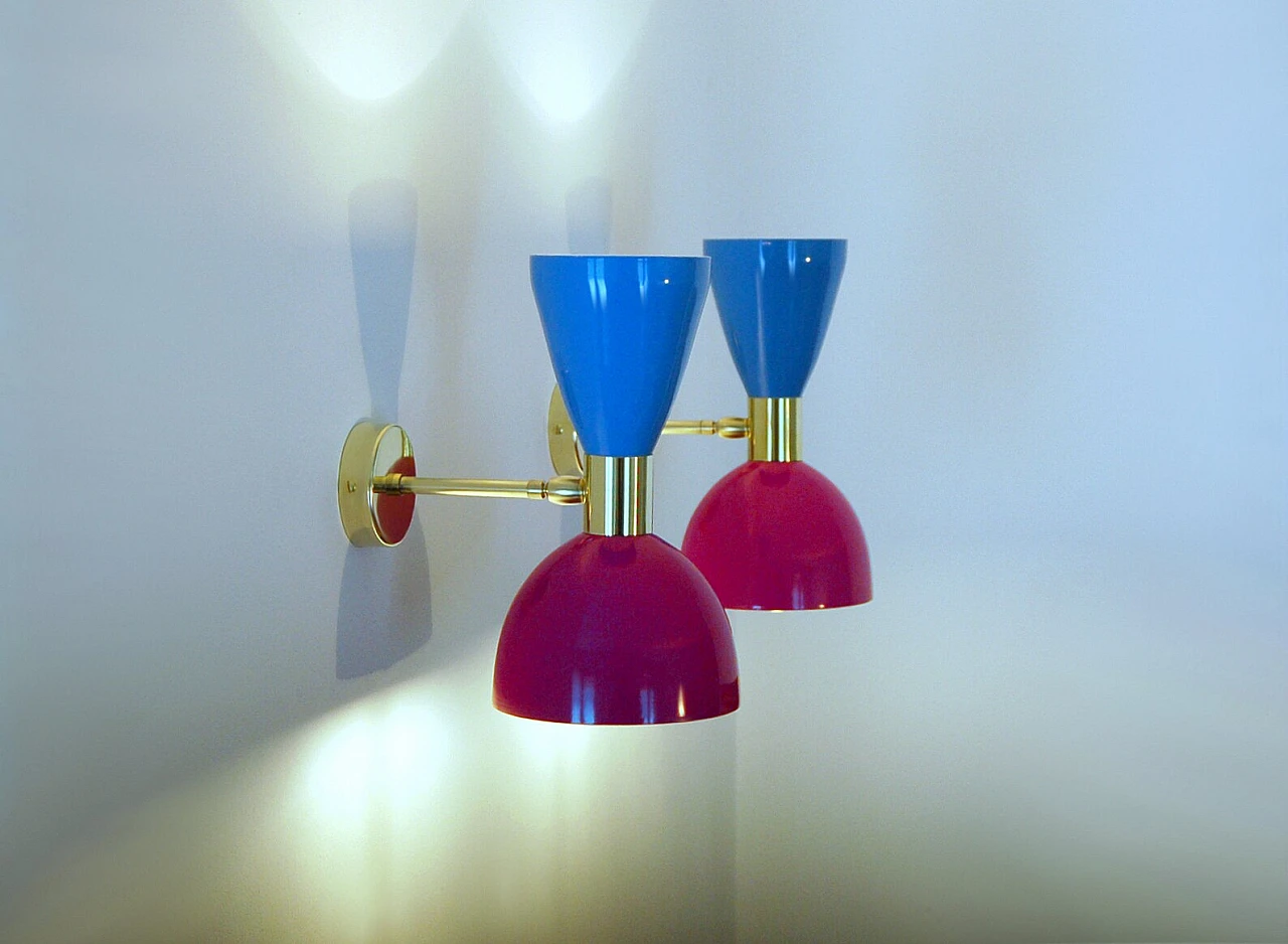Wall light with violet and light blue double cone lampshade 2