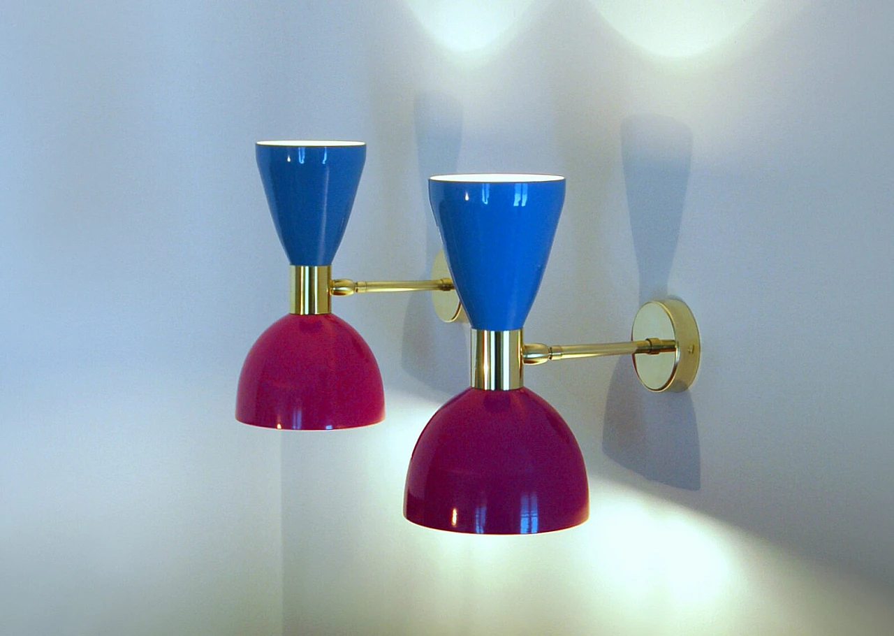 Wall light with violet and light blue double cone lampshade 3