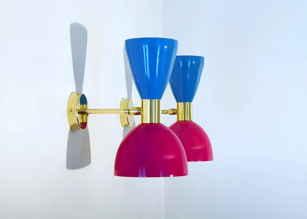 Wall light with violet and light blue double cone lampshade 4