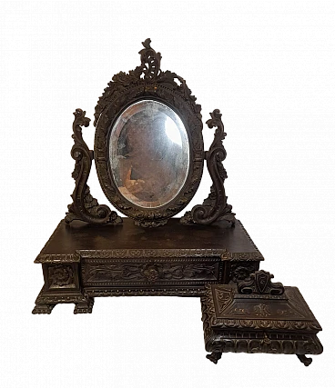 Carved wood table mirror and jewelry box, 19th century