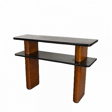 Art Deco walnut console with double black lacquered shelf, 1940s