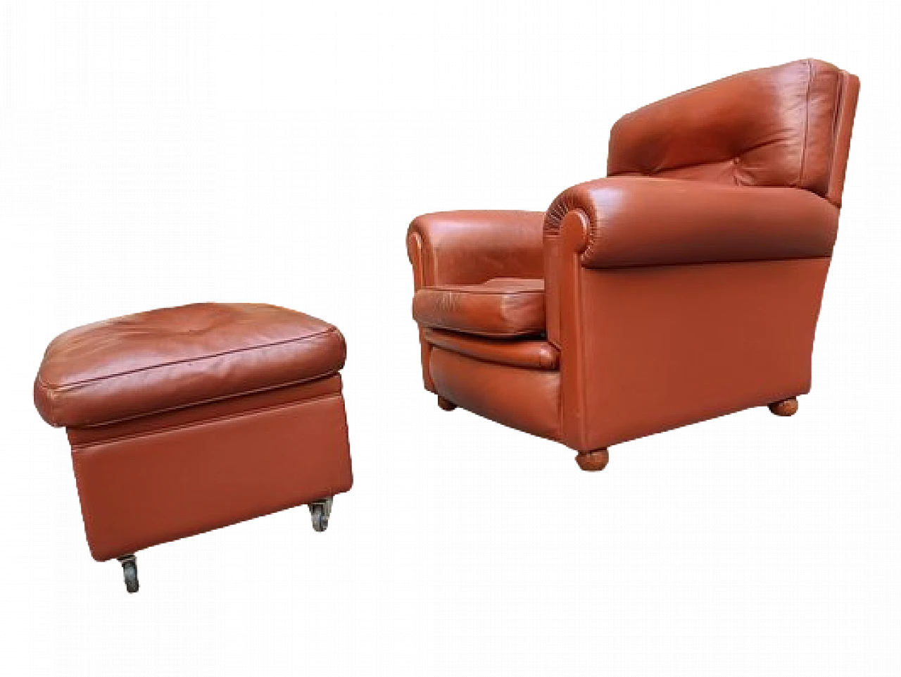 Poltrona in pelle con pouf di R. Frau per Poltrona Frau, anni '40 6