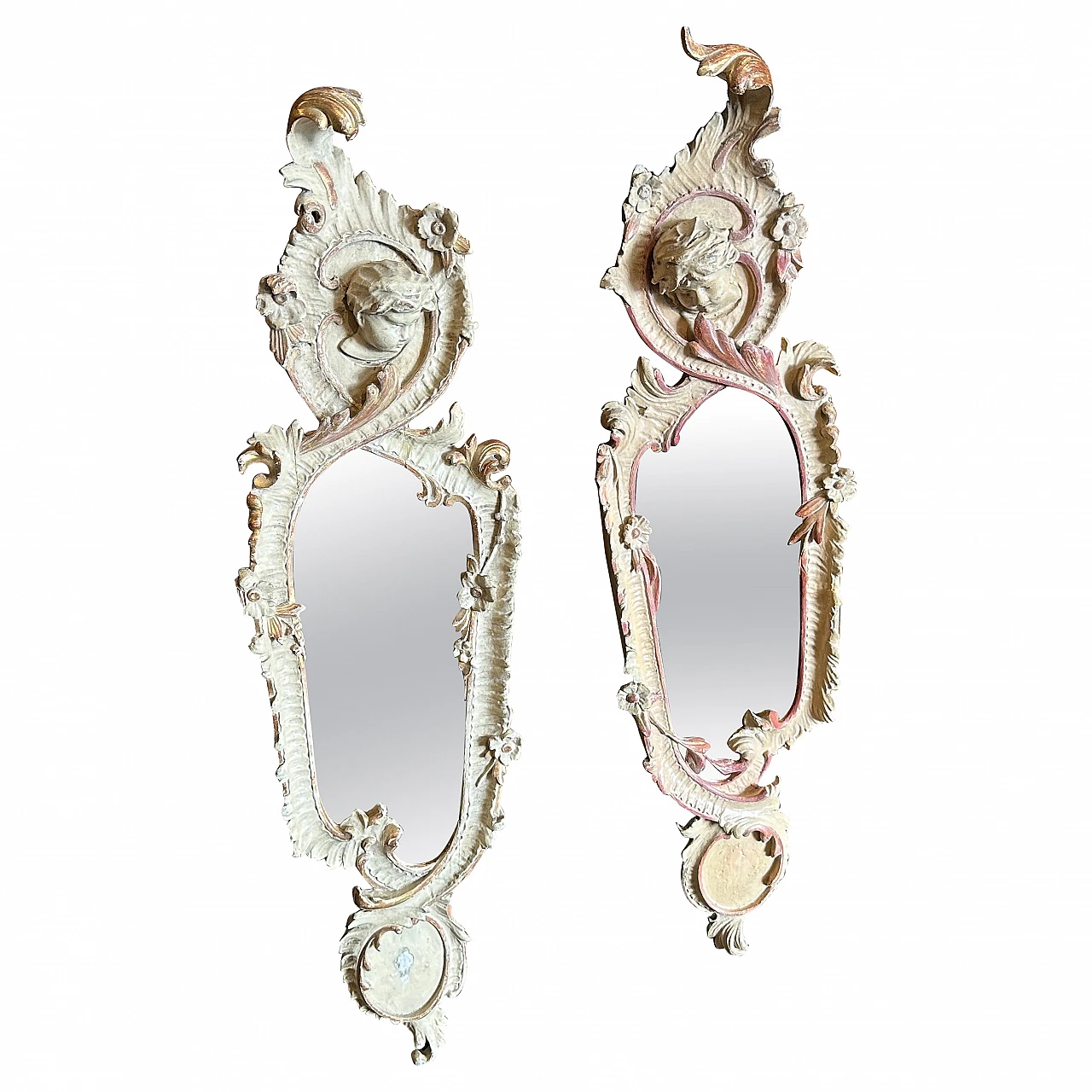 Coppia di specchi in legno laccato intagliato a mano, inizio '900 1