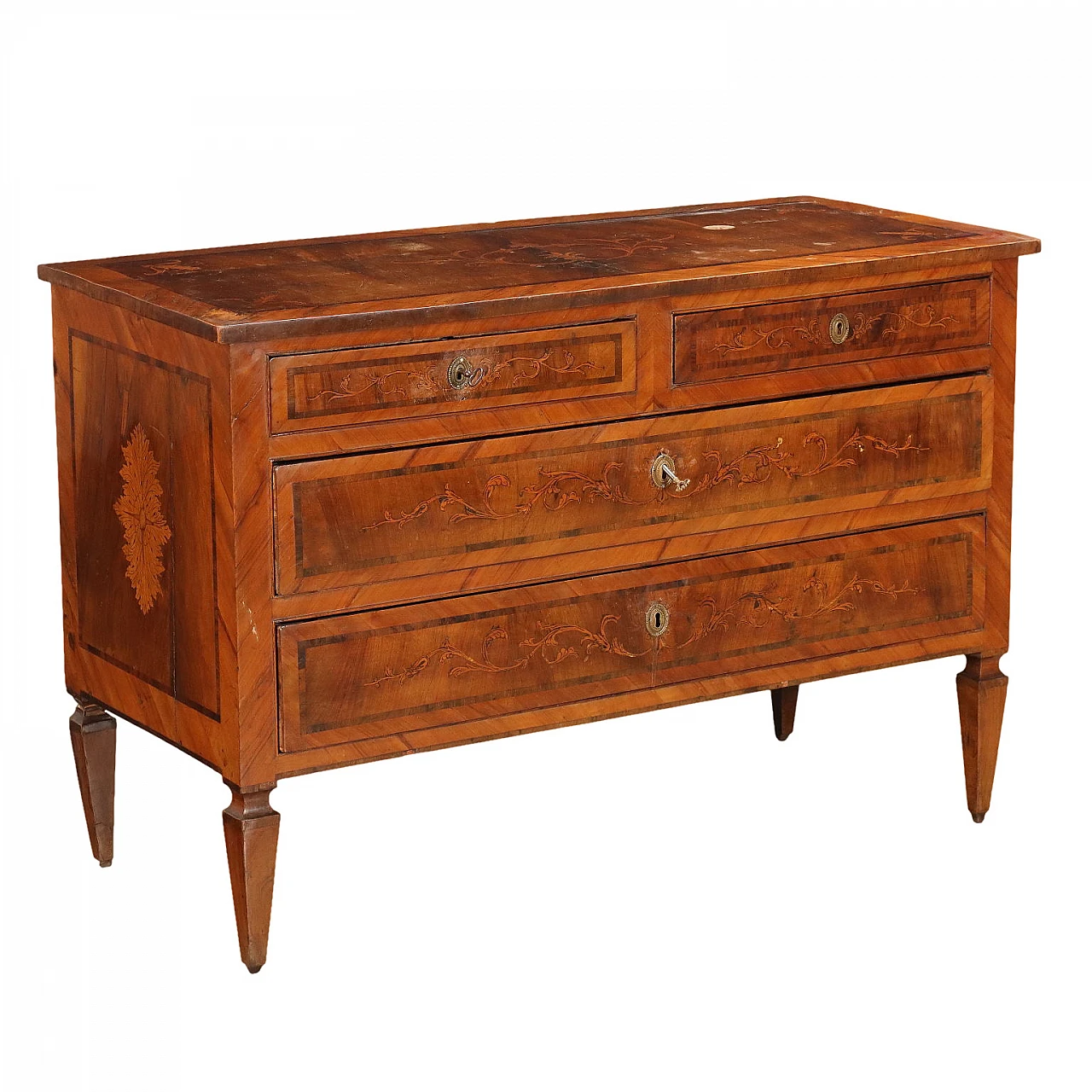 Louis XVI chest of drawers in walnut veneer inlaid with various woods, late 18th century 1