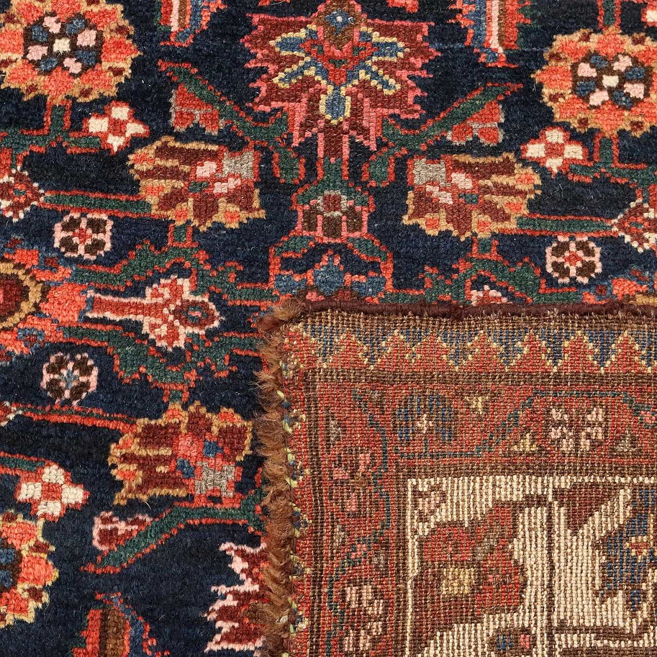 Red & brown thin knot Malayer rug in wool & cotton 9