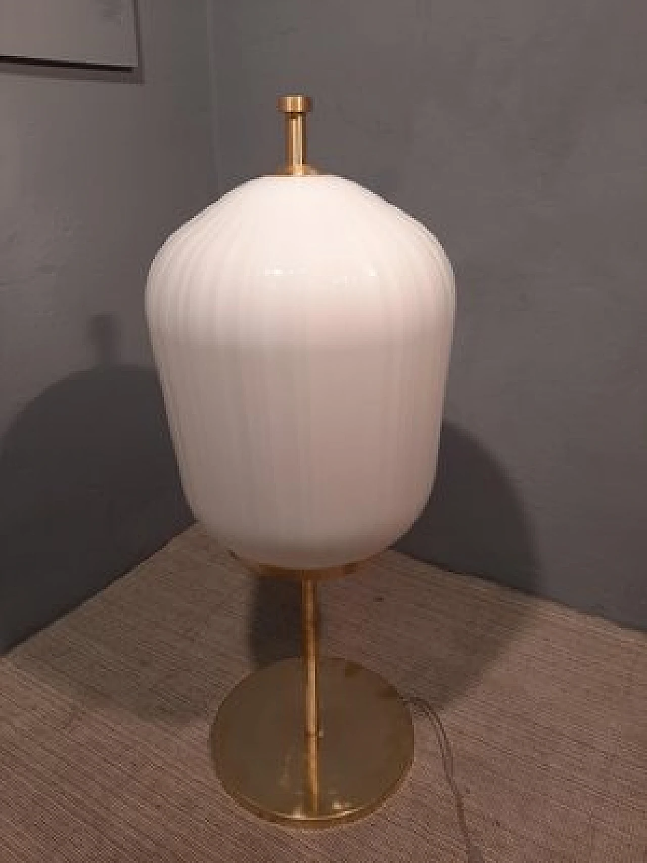 Table lamp with brass stem and satin glass lampshade, 2000s 1