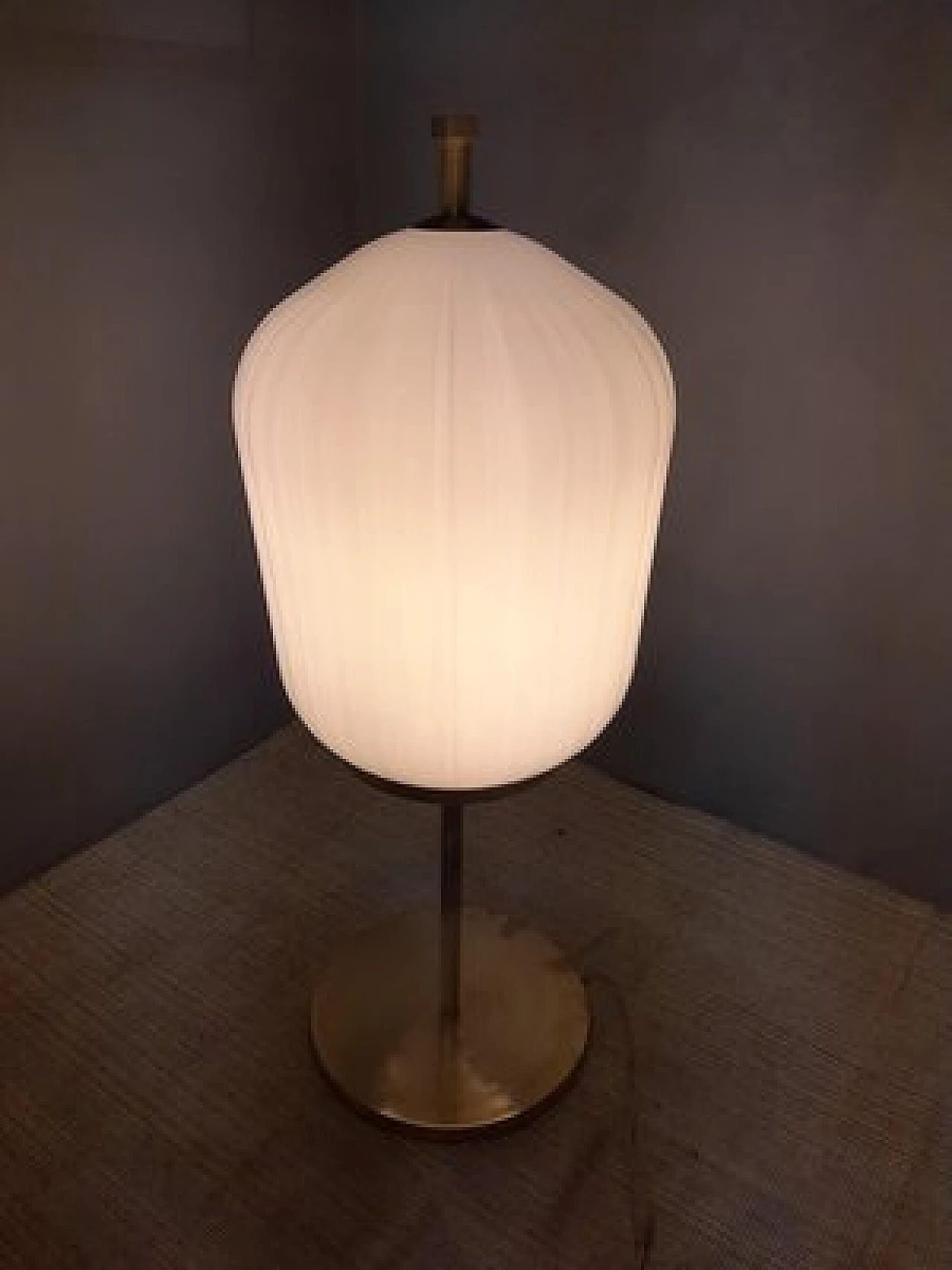 Table lamp with brass stem and satin glass lampshade, 2000s 2