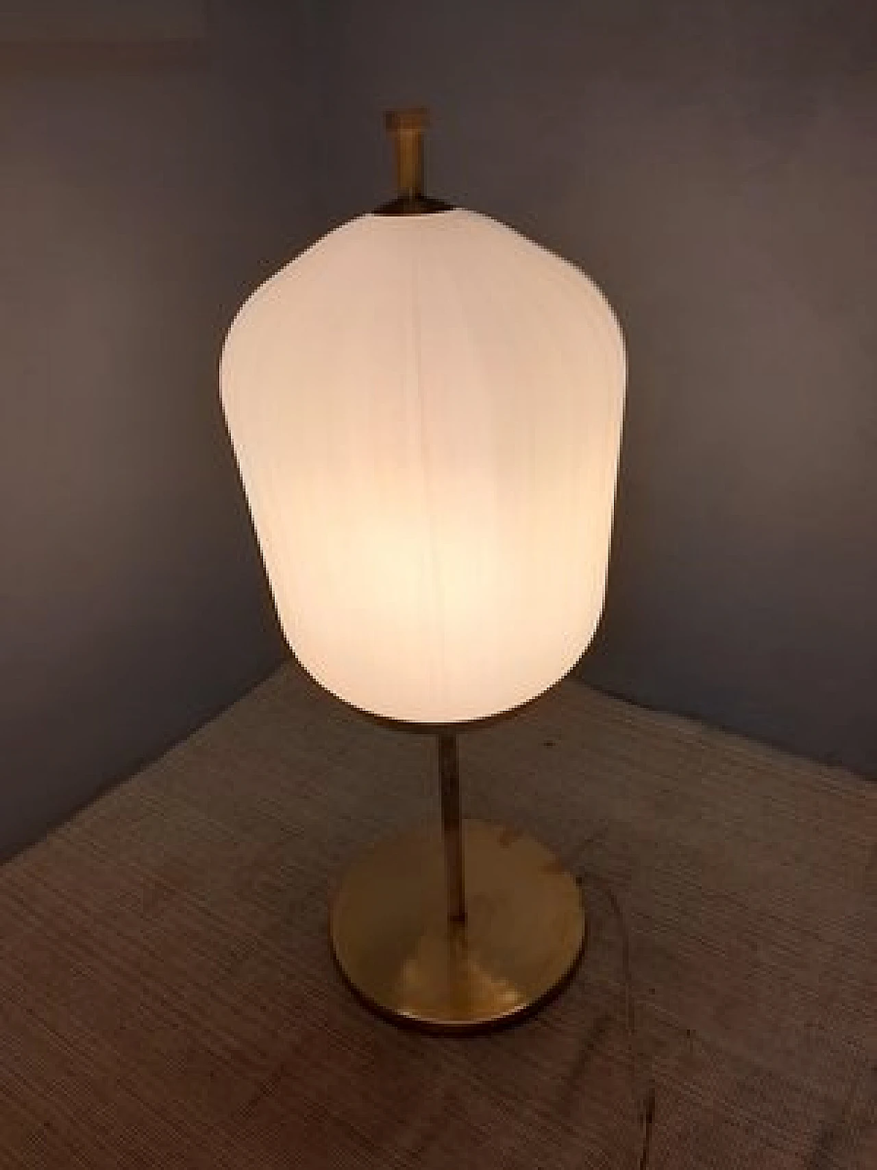 Table lamp with brass stem and satin glass lampshade, 2000s 3