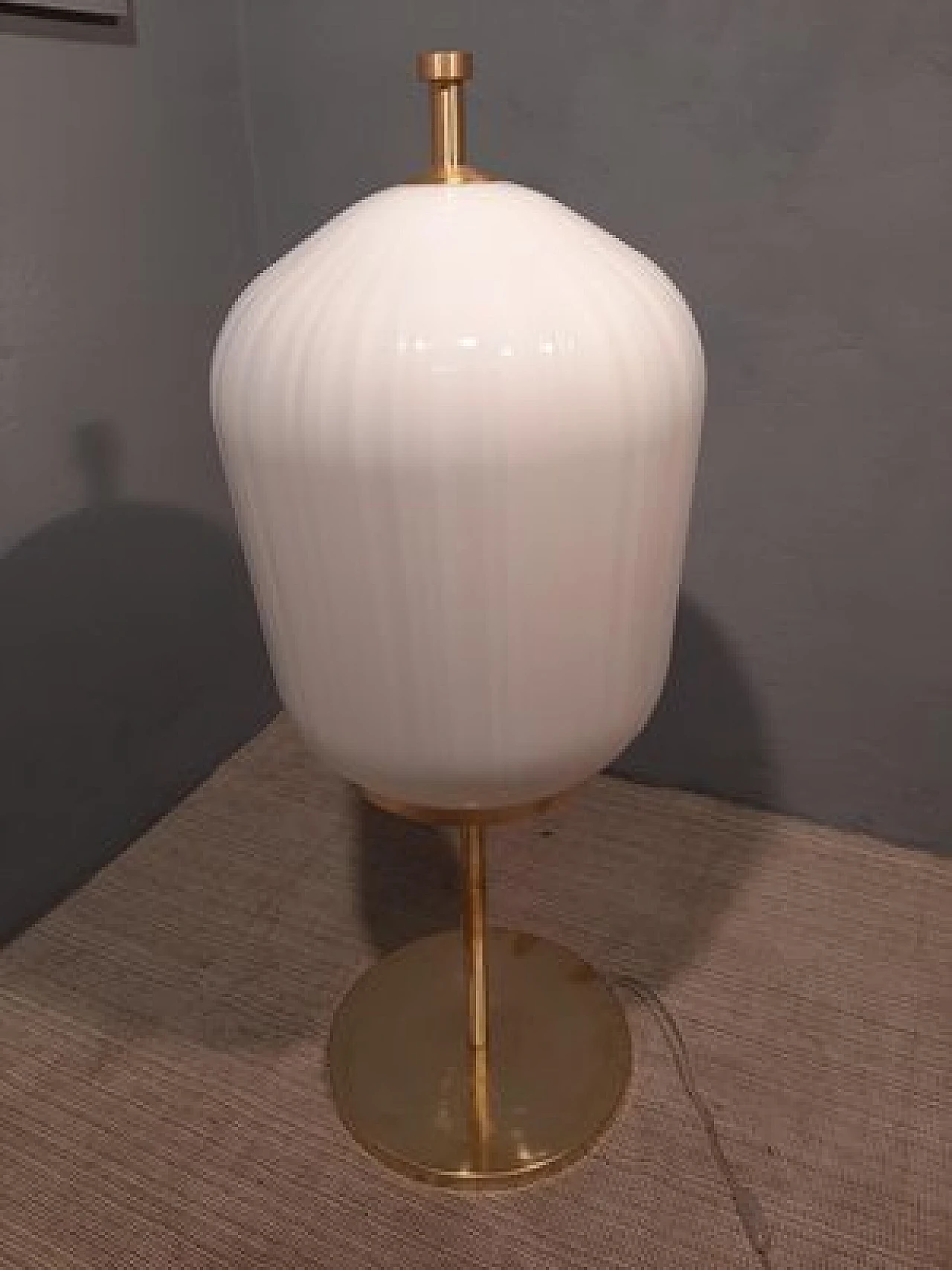 Table lamp with brass stem and satin glass lampshade, 2000s 4