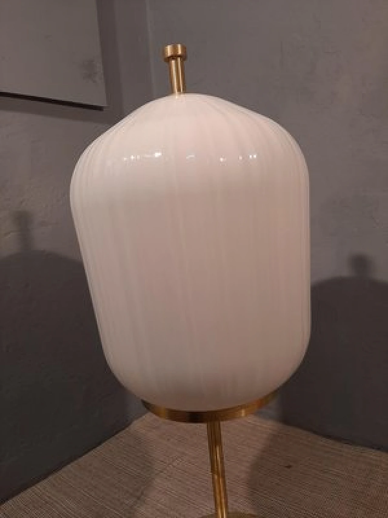 Table lamp with brass stem and satin glass lampshade, 2000s 5