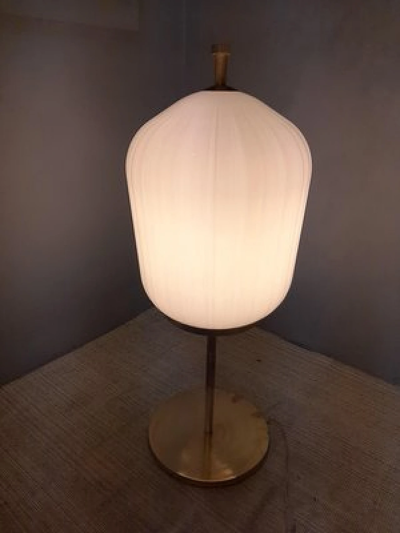 Table lamp with brass stem and satin glass lampshade, 2000s 7