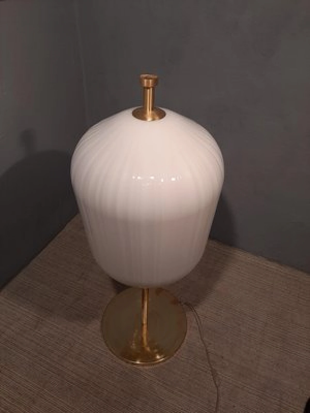 Table lamp with brass stem and satin glass lampshade, 2000s 8