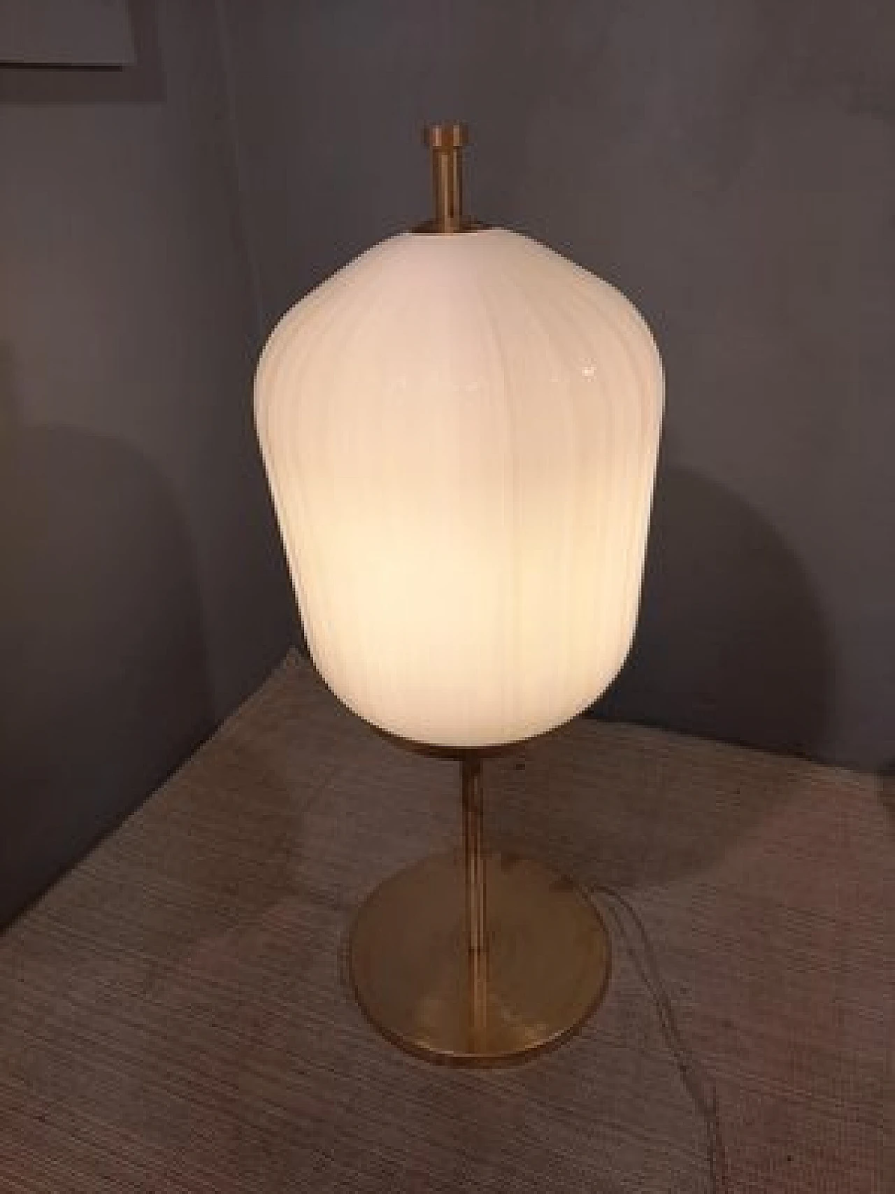 Table lamp with brass stem and satin glass lampshade, 2000s 14